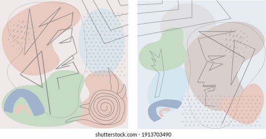 Conjunto de tarjetas vectoriales abstractas en colores pastel. Retratos de una sola línea, garabatos, formas minimalistas y puntos de color. Concepto de equilibrio, armonía y ecología. Impresión moderna y afiche.