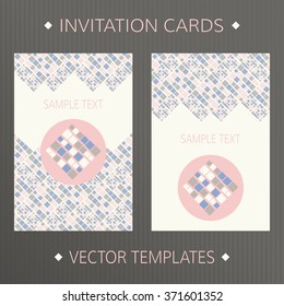 Set of abstract vector cards. Two vector templates with random colored tiles. Vector invitation cards.