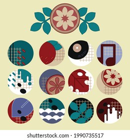 Set of abstract vector clip arts with floral and music elements for social media design