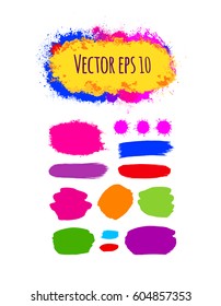 Set of abstract vector colorful brush strokes. Hand drawn brush stains. Rainbow colored design elements.