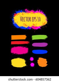 Set of abstract vector colorful brush strokes. Hand drawn brush stains. Rainbow colored design elements.