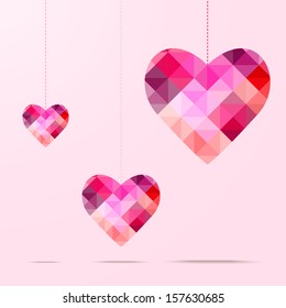 Set of abstract vector colorful hearts hanging. Pixel design. Abstract background.