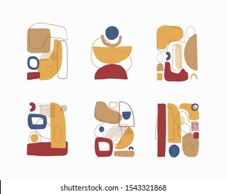 Set of abstract vector contemporary collage posters or cards templates. Aestetic geometric background. Hand drawn composition, freehand organic shapes.