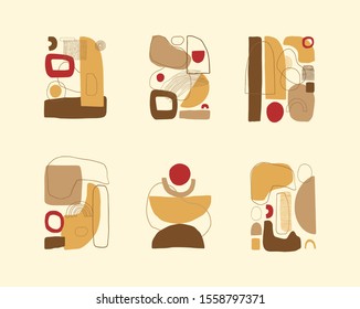 Set of abstract vector contemporary collage posters or cards templates. Aesthetic geometric background. Hand drawn composition, freehand organic shapes. Mid century modern art style.