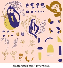 Set of abstract vector contemporary collage posters or cards templates. Aestetic geometric background. Hand drawn composition, freehand organic shapes.