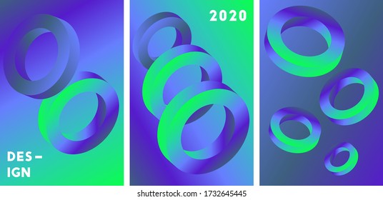 Set of abstract vector cover design  with 3d shapes.  Gradient illustration with blue, green colors
