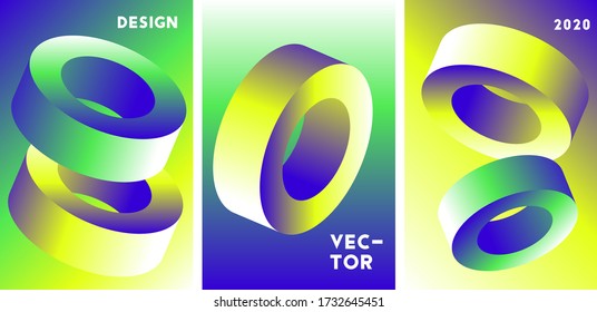 Set of abstract vector cover design  with 3d shapes.  Gradient illustration with blue, green colors