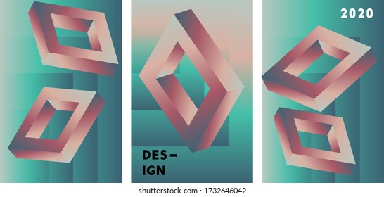 Set of abstract vector cover design  with 3d shapes.  Gradient illustration with mint, rose colors