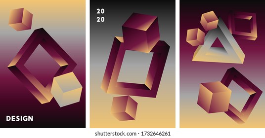 Set of abstract vector cover design  with 3d shapes.  Gradient illustration with red, yellow, grey colors