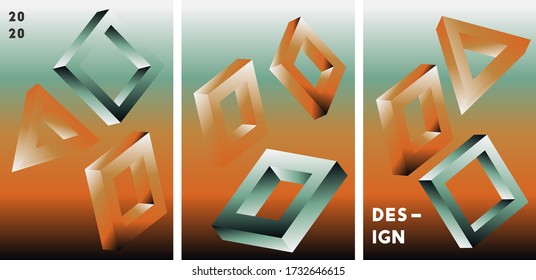 Set of abstract vector cover design  with 3d shapes.  Gradient illustration with green, yellow colors