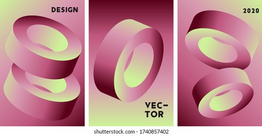 Set of abstract vector cover design  with 3d shapes.  Gradient illustration with pink, yellow colors