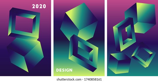 Set of abstract vector cover design  with 3d shapes.  Gradient illustration with neon colors
