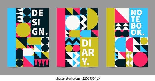Set of abstract vector design brochure, notebook, diary or personal planner cover templates. Abstract geometric shapes. Modern Bauhaus design. A4 format.