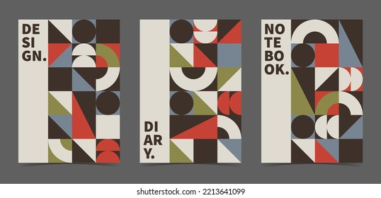 Set of abstract vector design brochure, notebook, diary or personal planner cover templates. Abstract geometric shapes. Modern Bauhaus design. A4 format.