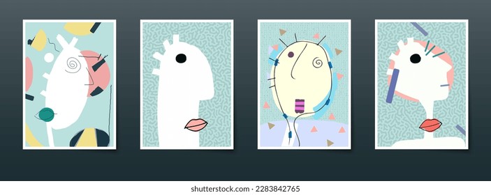 Conjunto de vector abstracto, dibujo y pintura de caras humanas. Ilustración mínima retrato de doodle. Formas geométricas coloridas. Arte contemporáneo moderno, diseño gráfico para obras de arte, afiche, fondo de portada