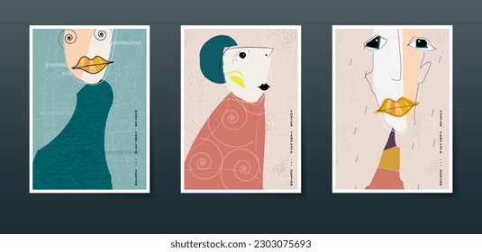 Set of abstract vector, drawing and painting human faces. Illustration minimal doodle portrait. Colorful geometric shapes. Modern contemporary art, graphic design for artwork, poster, cover background