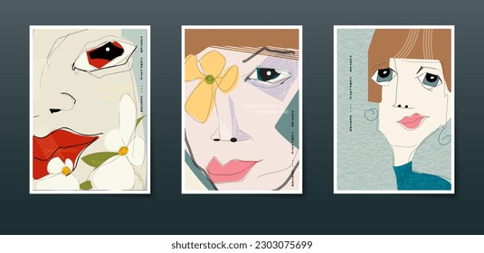 Set of abstract vector, drawing and painting human faces. Illustration minimal doodle portrait. Colorful geometric shapes. Modern contemporary art, graphic design for artwork, poster, cover background
