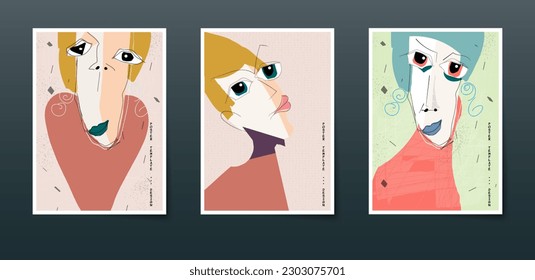 Set of abstract vector, drawing and painting human faces. Illustration minimal doodle portrait. Colorful geometric shapes. Modern contemporary art, graphic design for artwork, poster, cover background