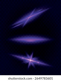 A set of abstract vector effects of light transitions with a neon purple color. Solar flare with rays and glare. Glow effect. Star burst with shimmering sparkles