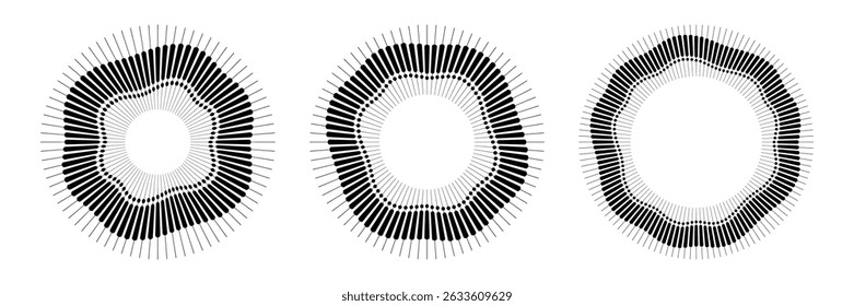 Set of abstract vector elements. Radial black concentric particles. Rings of short rays and dots with wavy silhouette isolated white background. Organic forms. Vector illustration.