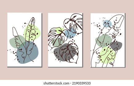 Set of abstract vector floral backgrounds with color blots. Poster in modern style. Template for social networks and postcard decor, minimalist wall art.