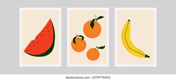Set of abstract vector fruit paintings. Watermelon, oranges, banana, leaves with texture. Tropical fruits wall decoration collection design for interior, poster, cover, banner.	