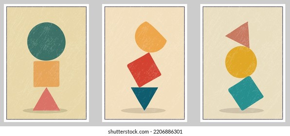 Conjunto de composiciones geométricas vectoriales abstractas con una textura gruesa. Dibujo de pared, afiche, pintura o impresión en un estilo minimalista con formas geométricas de colores. Diseño plano