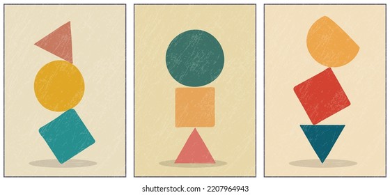 Set of abstract vector geometric compositions with a grunge texture. A wall drawing, poster, painting, or print in a minimalist style with colored geometric shapes. Flat design