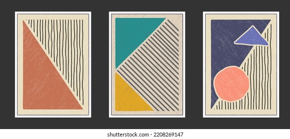 Set of abstract vector geometric compositions with a grunge texture. A wall drawing, poster, painting, or print in a minimalist style with colored geometric shapes. Flat design