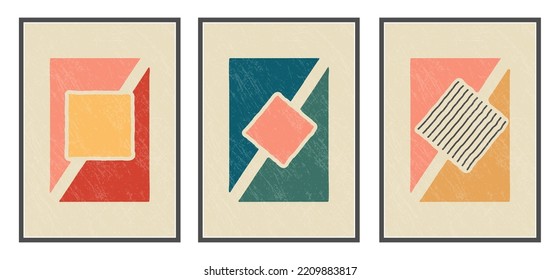 Set of abstract vector geometric compositions with a grunge texture. A wall drawing, poster, painting, or print in a minimalist style with colored geometric shapes. Flat design