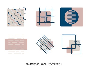 Set of abstract vector geometric shapes. Modern icons or logos, ready-made design elements for website. Square and circle forms, parallel lines and zigzags.