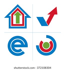 Set of abstract vector geometric symbols, unusual e symbol, checkmark. Innovation and technology conceptual icons isolated on white background. E-mail, internet design elements.