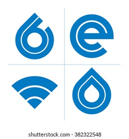 Set of abstract vector geometric symbols, unusual e symbol. Innovation and technology conceptual icons isolated on white background. E-mail, internet design elements.