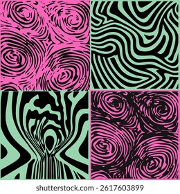 Set of abstract vector green and pink patterns with wavy black lines. Modern, organic designs inspired by topography and zebra stripes, perfect for backgrounds or contemporary art projects.