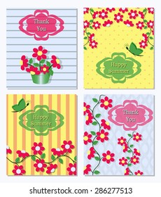 set of abstract vector greeting card with flowers and inscriptions