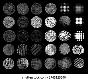 Set of abstract vector halftone stains. Black blots made of round particles. Modern illustration with dark, murky spots. Splattered array of dots. Gradation of tone. Elements of design.