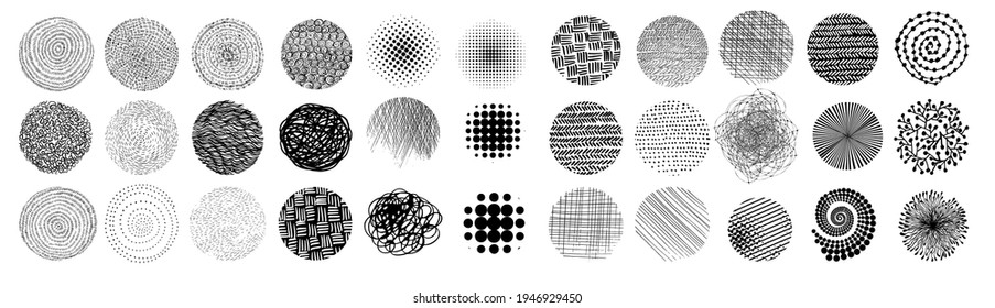 Set of abstract vector halftone stains. Black blots made of round particles. Modern illustration with dark, murky spots. Splattered array of dots. Gradation of tone. Elements of design.