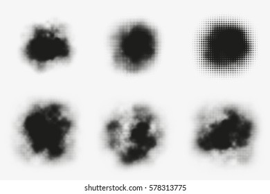 Set of abstract vector halftone stains. Black blots made of round particles. Modern illustration with dark, murky spots. Splattered array of dots. Gradation of tone. Elements of design.