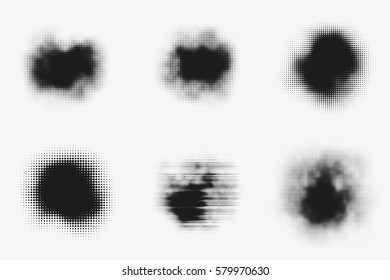 Set of abstract vector halftone stains. Black blots made of round particles. Modern illustration with dark, murky spots. Splattered array of dots. Gradation of tone. Elements of design.