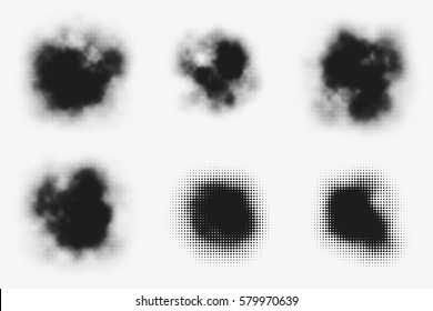 Set of abstract vector halftone stains. Black blots made of round particles. Modern illustration with dark, murky spots. Splattered array of dots. Gradation of tone. Elements of design.