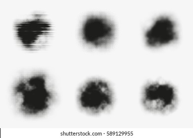 Set of abstract vector halftone stains. Black blots made of round particles. Modern illustration with dark, murky spots. Splattered array of dots. Gradation of tone. Elements of design.