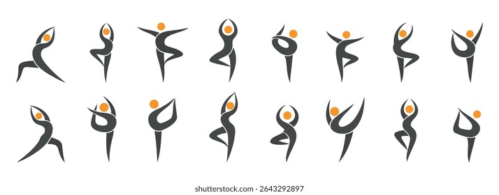 Set of abstract vector icons of dancing or yoga human figures. Minimalist style silhouettes with orange heads and black flowing bodies on white background