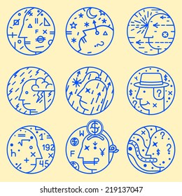 Set of abstract vector icons. Science, technology, thought, scientist, alchemy.