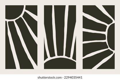 Set of abstract vector illustrations depicting the sun. Minimalist trendy design. Hand-drawn elements for decoration.