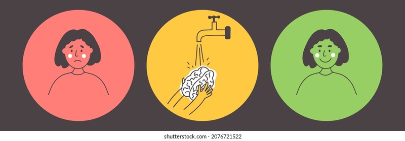 Conjunto de ilustraciones vectoriales abstractas del cerebro lavado de caracteres femenino. Lavado de cerebro, mente limpia. Psicología, terapia, hacer feliz. Triste mujer limpiando el cerebro bajo el grifo de agua. Salud mental, autocuidado