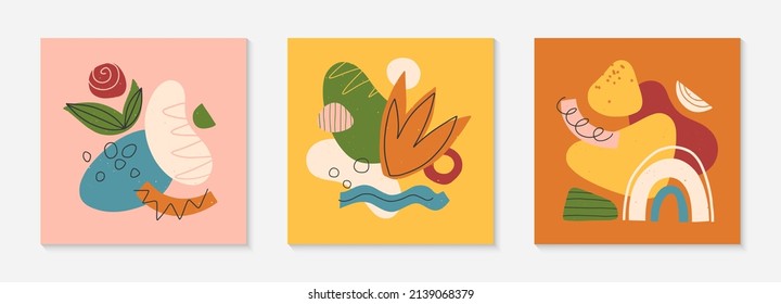 Set of abstract vector illustrations with hand drawn various organic shapes and graphic elements.Trendy artistic contemporary designs for prints,flyers,banners,invitations,branding design,covers