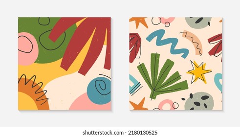 Set of abstract vector illustrations with hand drawn various organic shapes.Childish seamless pattern.Trendy artistic contemporary designs for prints,flyers,banners,invitations,branding design,covers