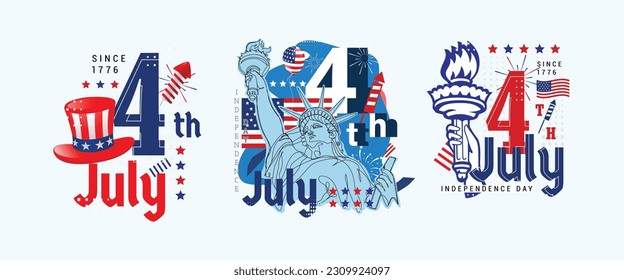 A set of abstract vector illustrations, united states of America 4th of July design with the statue of liberty, fireworks, flag hat, etc.