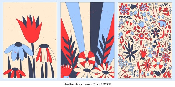 set of abstract vector interior posters - winter collection. Psychedelic hippie style of the 60s and 70s. Funky groovy patterns. Waves, rainbows, flowers for social media stories.Flower power