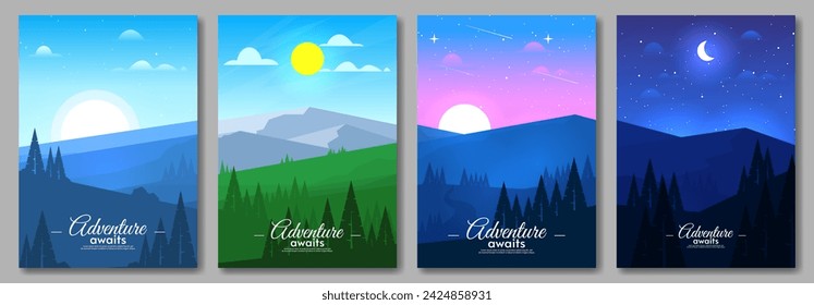 Set of abstract vector landscape. Flat style design. Morning, noon, evening and night. Mountains with hills and forest. Touristic poster design.